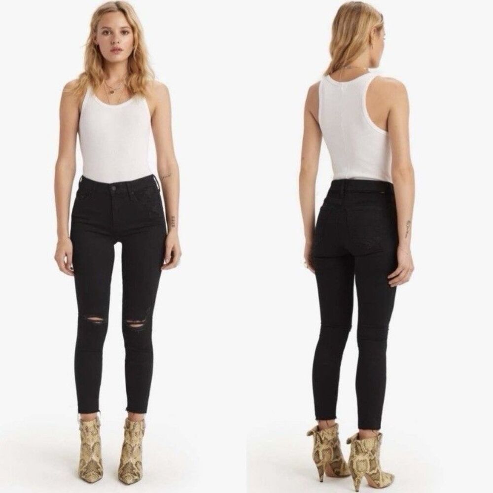 Mother The Looker Ankle Fray Jeans Raw Hem Distressed Size 25 Black